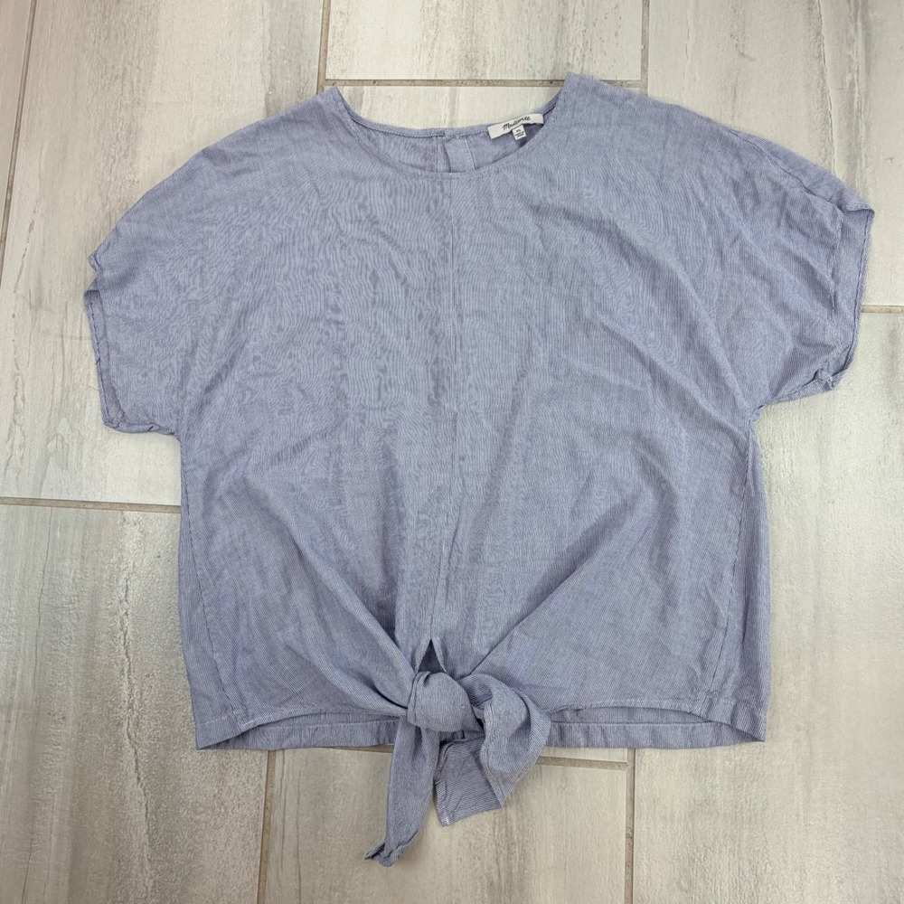 Madewell Blue White Pinstripe Button Back Tie Front Top XL